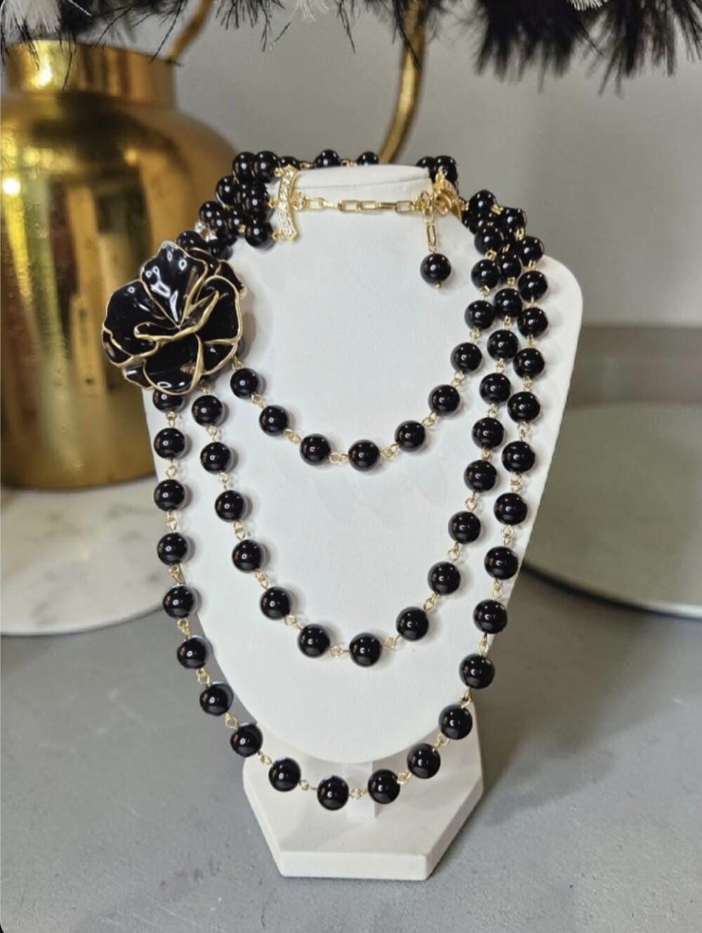 Exquisite Gold Onyx Glass Bead Enamel Camellia Flower Drapey Chain Necklace